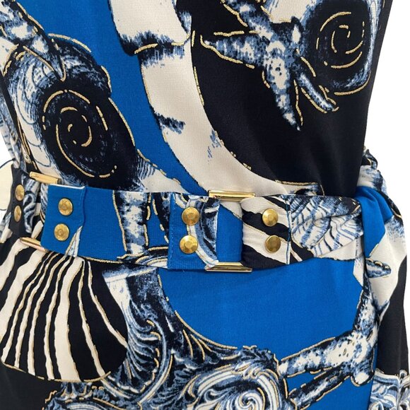 Cache Blue/Black Seashell Dress M Cap Sleeve Belted Elegant Stylish Summer Chic - Picture 5 of 12